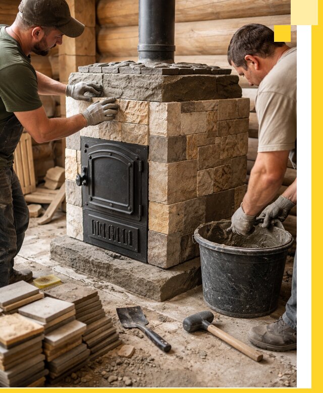 Облицовка банной печи под ключ в Устях-Куте: камень и плитка