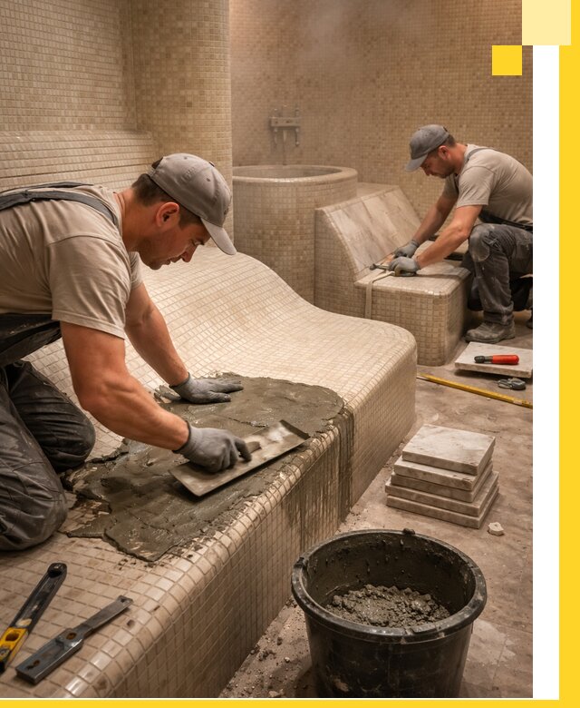 Лежаки для хамама под ключ в Устях-Куте, проект и монтаж